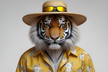 Photo-Realistic Tiger in Straw Hat and Yellow Floral Shirt on White Background