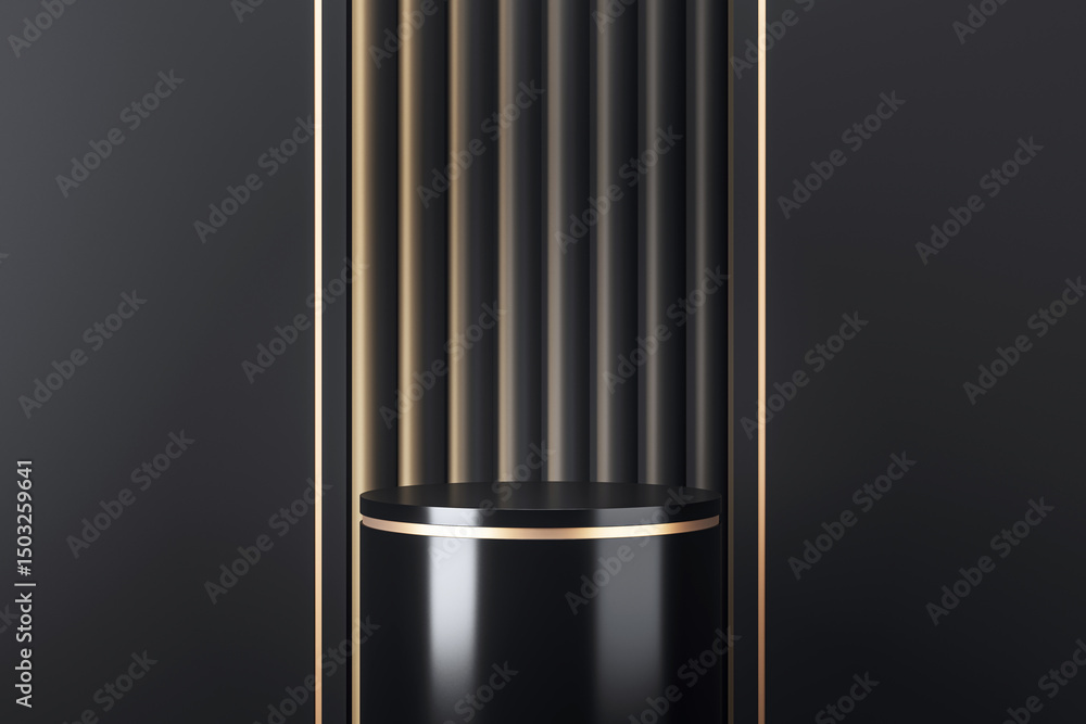 Poster elegant black and gold podium with cylindrical platform and vertical background lines on dark empty 
