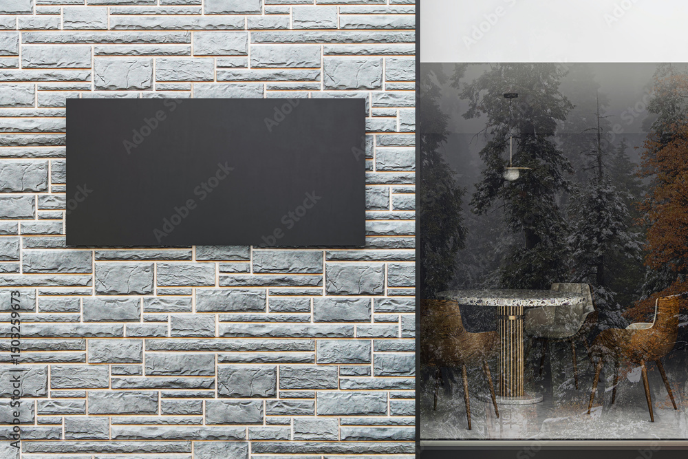 Poster blank black rectangular sign on modern stone brick building facade beside window showing interior wi