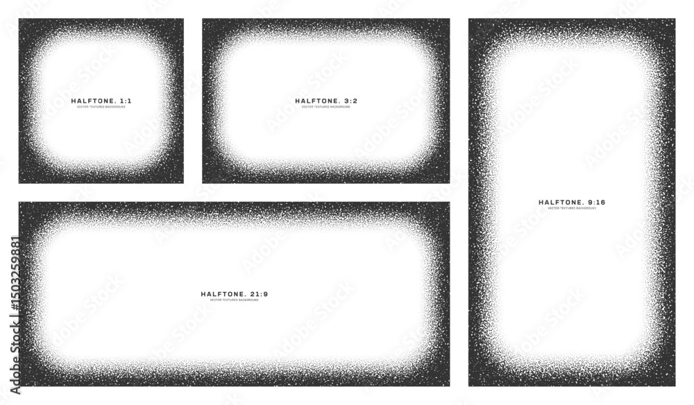 Poster versatile halftone vignette collection with rough black noise texture on white backdrop. rounded fra