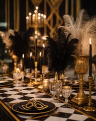 Art Deco-inspired Halloween with vintage costumes, geometric patterns, gold accents, and spooky sophisticated masquerade decor Generative AI