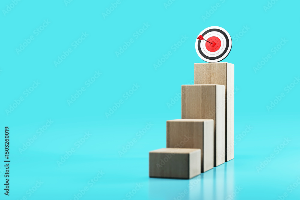 Poster wooden blocks forming ascending steps with bullseye target on top, symbolizing goal achievement on a