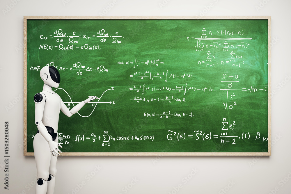Poster Futuristic humanoid robot teaching complex mathematical formulas on green chalkboard in classroom setting, symbolizing AI in education. 3D Rendering
