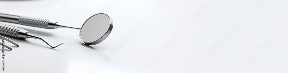 Poster dental tools on clean surface with copyspace for medical or clinic design template background layout