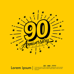 90th years anniversary celebration emblem. congratulations anniversary logo isolated with ribbon and starburst on yellow background. vector illustration template design