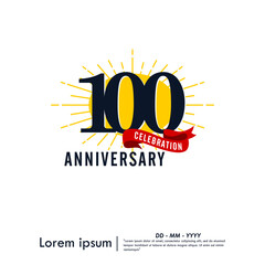 100th years anniversary celebration emblem. congratulations anniversary logo isolated with red ribbon and starburst on white background. vector illustration template design for web
