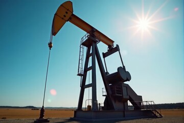 Close-up of a large mechanical oil pump in motion, bright sun in background, clear blue sky, modern extraction facility