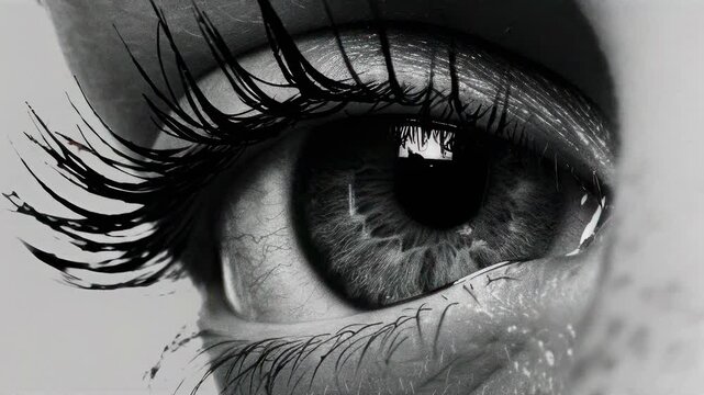 Close-up video of a human eye in black and white, capturing intricate details of eyelashes and iris from a side angle, creating a dramatic effect. Live desktop wallpaper.