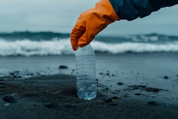 Removing plastic bottle from sandy beach with gloved hand