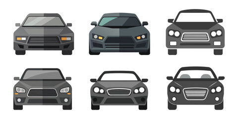 Front View Illustration of Car Set Design Showing the Different Shapes and Styles of Cars Featuring Black and Gray Colors on a White Background, Ideal for Graphics, Icons, and Design Elements.
