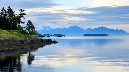 A serene coastal lagoon with calm waters and distant mountains
