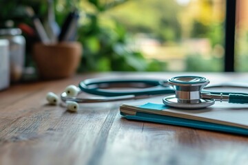 Stethoscope and notebook on wooden desk in sunlit office
