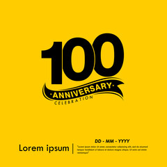 100th years anniversary celebration emblem. black logo isolated with ribbon on yellow background. vector illustration template design for web, flyers, poster, greeting card and invitation card	