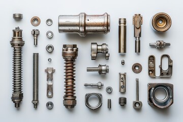Fototapeta premium Disassembled engine parts on white surface including pistons, valves, camshafts, spark plugs; organized with geometric balance, reflective metals, light oil smudges.