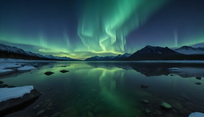 Stunning display of the aurora borealis illuminating the night sky over a serene lake.