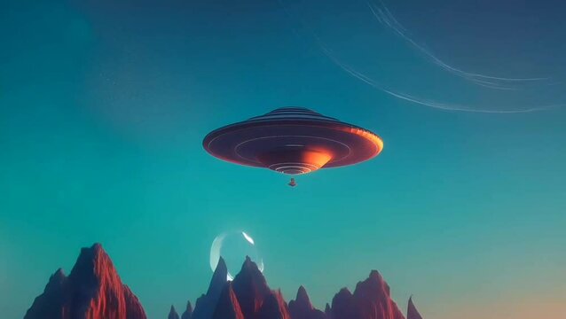 Sci-fi spaceship shaped like a flying saucer floating over alien mountain range at sunset, illustration vector style

