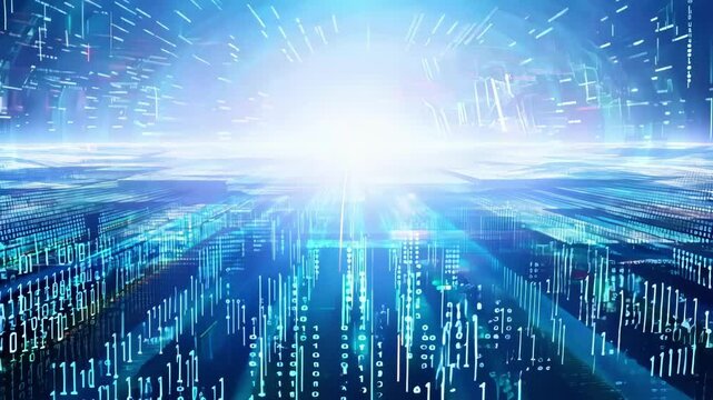 Futuristic digital landscape with flowing blue light streams and data visualization elements. Binary code patterns move through cyber space creating dynamic technological environment