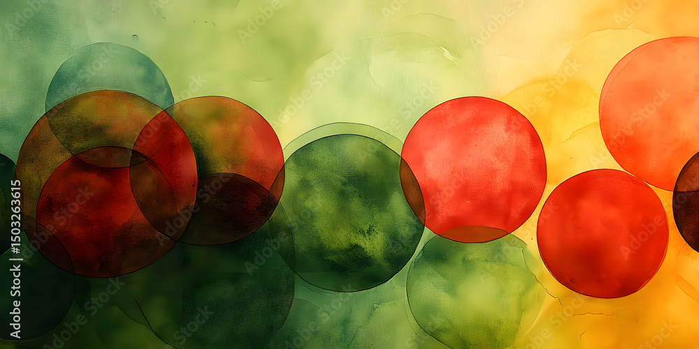 Poster watercolor abstract circles in vibrant green red and orange showcasing a playful interplay of color 