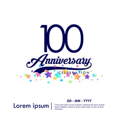 100th years anniversary celebration emblem. congratulations anniversary logo isolated with ribbon and colorful stars on white background. vector illustration template design	