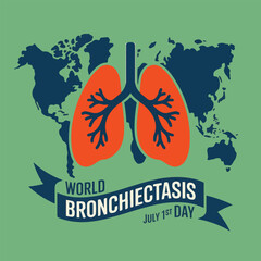 World bronchiectasis day illustration featuring lungs globe and ribbon banner design