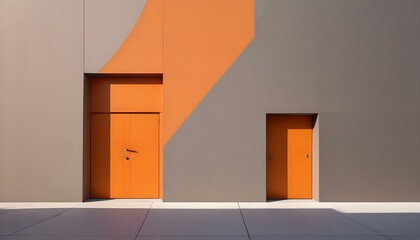 Striking architectural detail featuring two bold orange doors and geometric shapes against a neutral wall.