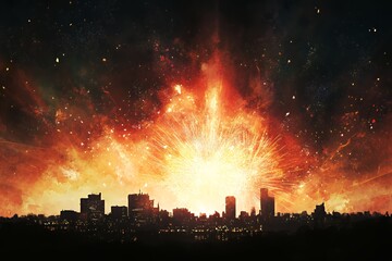 Fiery Fireworks Display Over City Skyline at Night