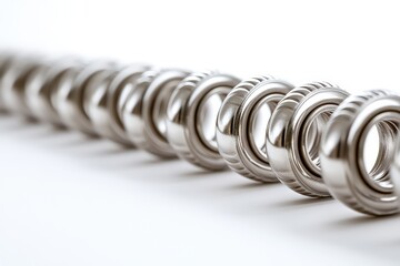  Row of polished silver ball bearings on white, mirror finish and precision alignment create metallic symmetry and industrial clarity.