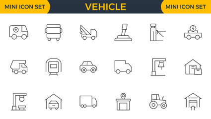 Vehicle outline icon set. Shipping And Courier icon. Containing order tracking, delivery home, warehouse, truck, scooter, courier Sea Air, Date, Return Search Parcel and cargo icons.