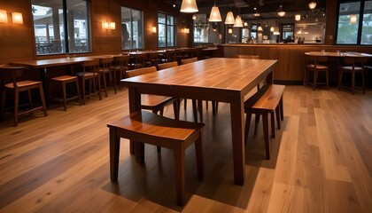 Obraz premium Inside a modern restaurant, featuring tables, benches, and chairs illuminated by warm lighting.