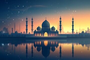 Majestic Mosque Silhouette Reflected in Calm Water at Sunset