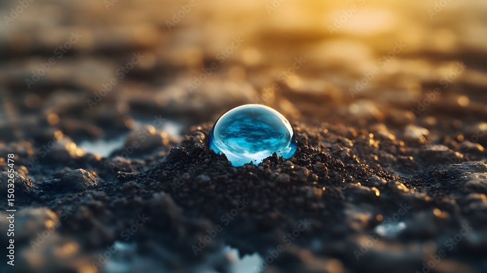 Poster a fascinating artistic representation of a water drop lying on the ground surrounded by natural elem