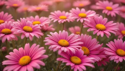A field of vibrant pink daisies basks in soft sunlight, a beautiful floral scene.
