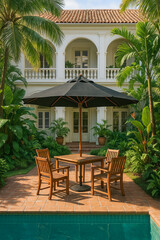 Fototapeta premium Mesa externa em hotel com varanda colonial e piscina tropical