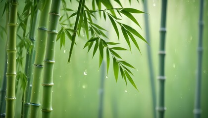 Beautiful close-up of bamboo in the rain, featuring lush green foliage and stems.
