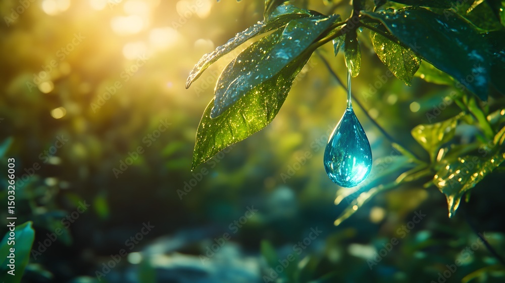Poster a captivating image of a drop of water suspended from a leaf on a tree symbolizing hope amidst a nat