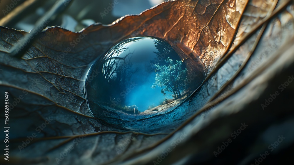 Poster stunning leaf with a reflective water drop capturing the image of a tree in a serene natural setting