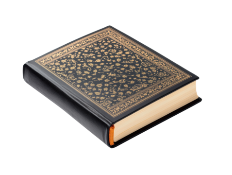 Elegant leather-bound book with intricate gold detailing for reading on a transparent background, cut out