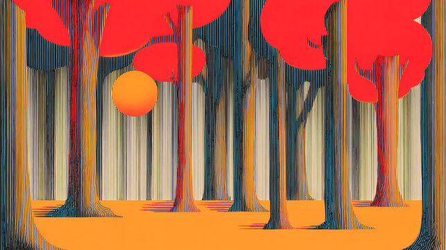 Nonsensical forest of abstract cutouts and vibrant colors in dadaism style. surreal cutouts. Illustration
