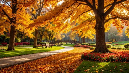 Autumn landscape, fall nature scene, beautiful autumnal park in golden sunset light