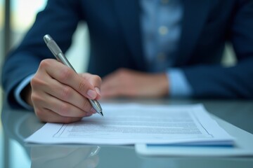 Businessman digitally signing off on virtual document using electronic pen in paperless quality assurance and ERP management system.