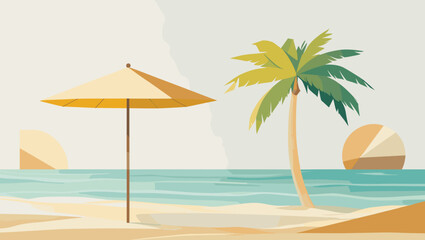 beach scene illustration, relaxing, under a sun umbrella, digital art