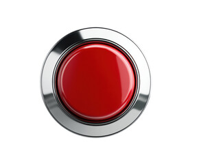 Bright red button with metallic border for various applications on a transparent background, cut out