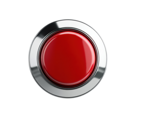 Bright red button with metallic border for various applications on a transparent background, cut out