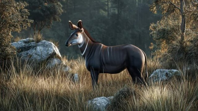 Okapi in Wilderness: A captivating Okapi stands amidst tall grasses and rocky outcrops in a wild, natural habitat, basking in the ethereal glow of the surroundings.