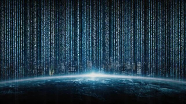Digital Convergence: A mesmerizing digital illustration unveils a futuristic cityscape emerging from a matrix of binary code. This image, a symphony of technology and urban design.