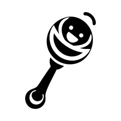 Black and white illustration of a retro smiley face baby rattle