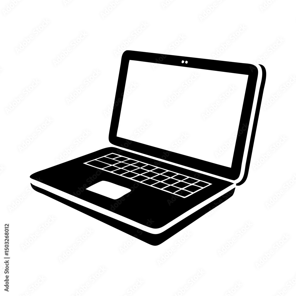 Poster stylized black and white laptop computer icon with an open screen display