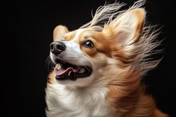 Naklejka premium Energetic corgi with flowing fur against black background