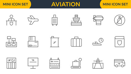 Set of thin line aviation Icons. Plane icon collection. Airplane icon vector. Flight transport symbol. Travel concept.