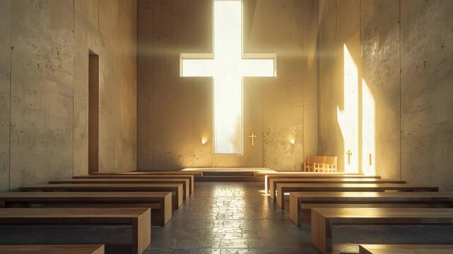 Serene Modern Chapel Interior with Cross and Natural Light Streaming Through Windows 4k video footage